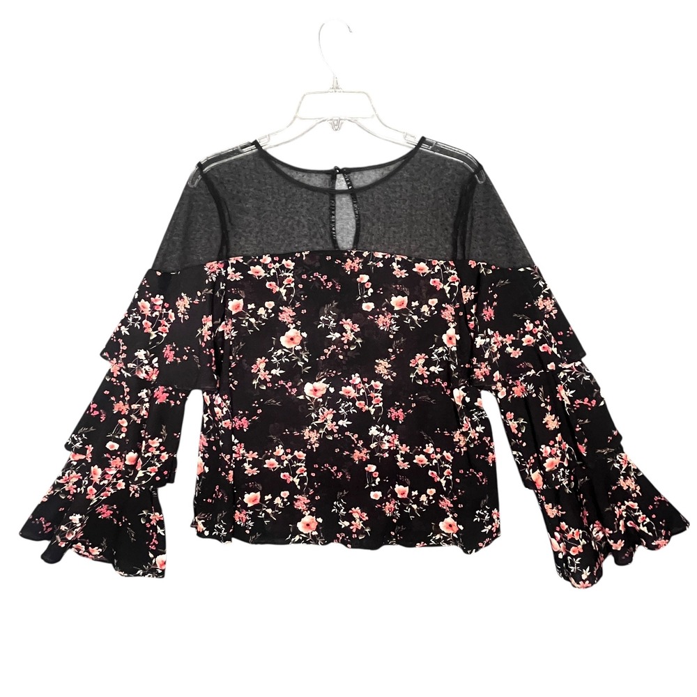 WHBM Dark Floral Mesh Ruffle Bell Sleeve Blouse M Whimsigoth Romantic Coquette